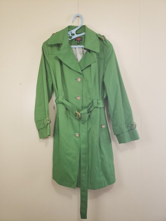 Gallery Jackets & Blazers - Gallery Woman Plus 1X Trench Style Coat Green Button Up Belt Chic Classic Pocket